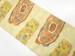 アンティーク　変わり横段に花鳥模様織り出し名古屋帯（着用可）